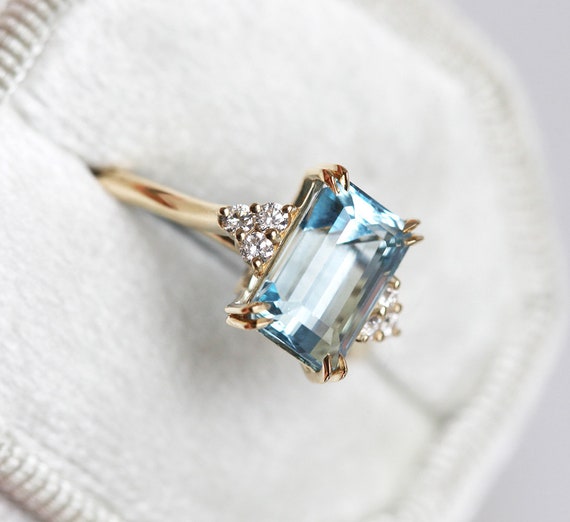 Buy Aquamarine Ring, Big 2.07 Ct Emerald Cut Fancy Aquamarine Ring, 14k  Rose Gold Aquamarine Engagement Ring, Set With 0.50ct White Diamond Halo  Online in India - Etsy