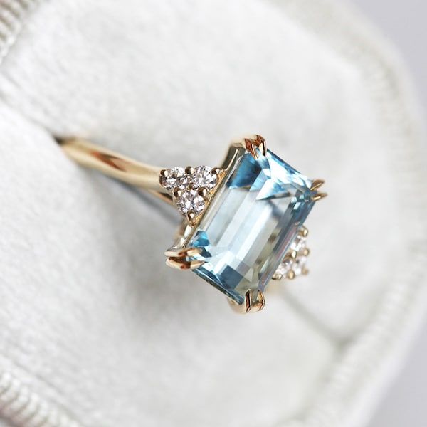 Aquamarine engagement ring, Emerald cut aquamarine & diamond ring, Large blue stone ring, 14k gold ring