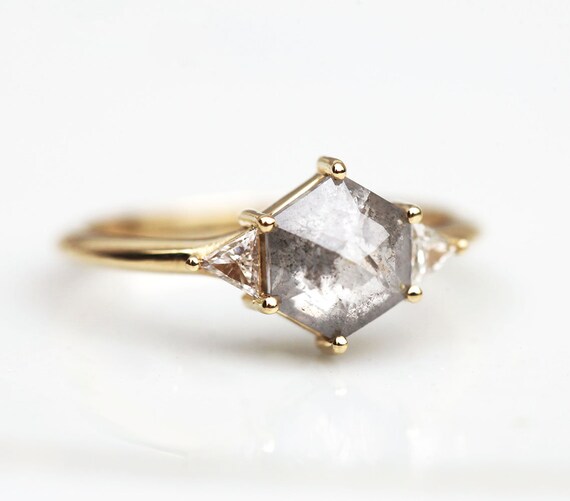 Grey Hexagon Diamond Ring Set With Side Triangle Diamonds Hexagon