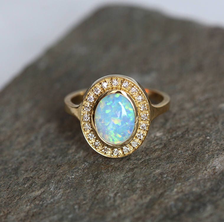 Genuine Australian Opal Ring Gold Opal Ring Diamond Opal | Etsy