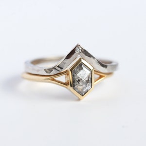 Hexagon Salt and pepper diamond engagement ring, 14k gold hexagon diamond ring, Split shank Diamond ring, Salt Pepper Geometric Diamond image 2