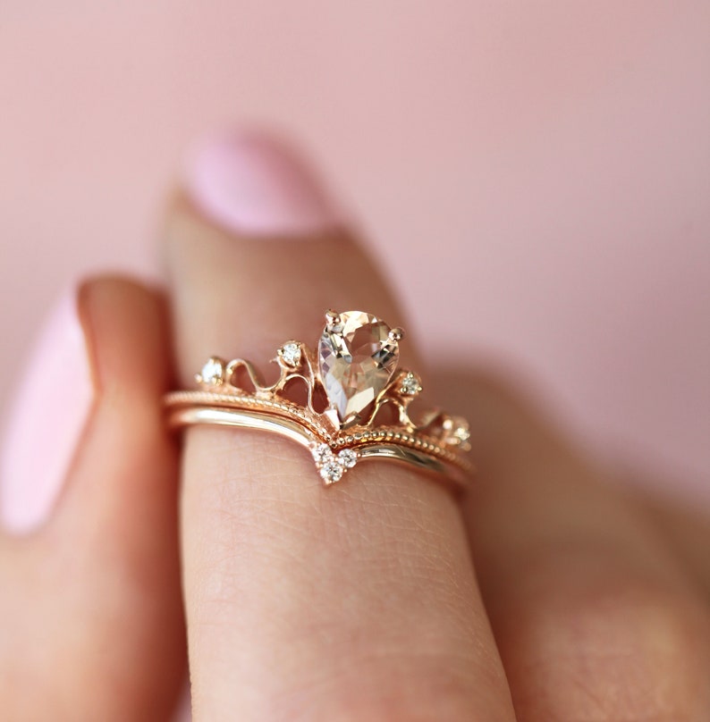 Morganite Ring, Vintage Morganite Ring, Tiara Ring, Pear Morganite Ring, Rose Gold Engagement Ring Set, Engagement Set, Wedding Ring Set image 1