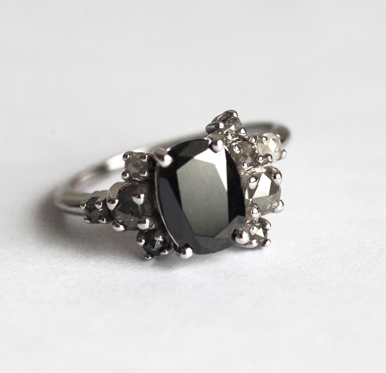 Black Diamond Ring, Black Diamond Cluster Ring, Black and Grey Diamond Ring, Grey Diamond Ring, Oval Diamond Ring, Unique Engagement Ring image 1