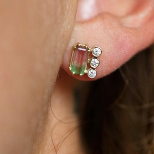 Watermelon tourmaline earrings, Diamond stud, Green & pink earring, Unique baguette studs