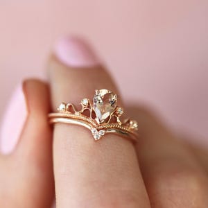 Bague morganite, bague morganite vintage, bague diadème, bague morganite poire, ensemble de bagues de fiançailles en or rose, ensemble de fiançailles, ensemble d&#39;alliances