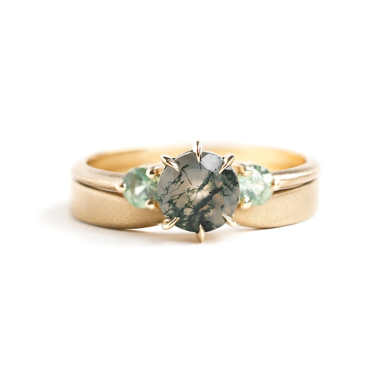 gold moss agate ring set with sating gold band image 1