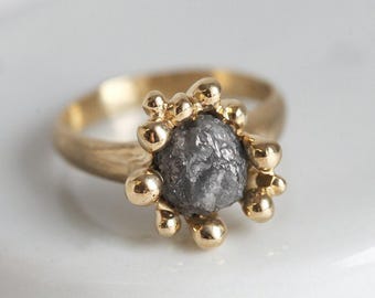 Raw Grey Diamond Ring: 14k Yellow Gold Engagement Ring