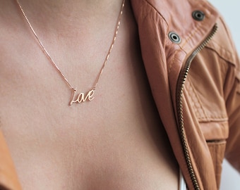 Rose Gold Love Necklace, 18k Rose Gold Name Necklace, diamond necklace, mom name pendant, gift bridesmaids Jewelry