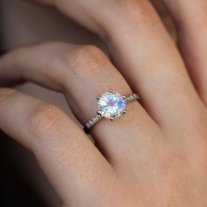 Moonstone engagement ring, Rainbow moonstone & diamond ring, Round solitaire, Pave wedding ring image 5