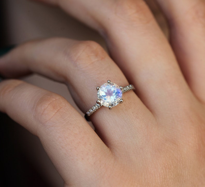 Moonstone engagement ring, Rainbow moonstone & diamond ring, Round solitaire, Pave wedding ring image 5