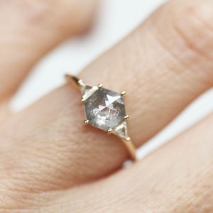 Hexagon Diamond Ring, Salt Pepper Diamond Engagement Ring, Geometric Diamond Ring by Capucinne