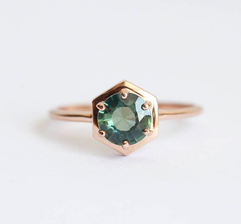 Teal Sapphire Ring, Sapphire Engagement Ring, Teal Blue Sapphire Ring, Rose Gold Sapphire Ring, Hexagong Ring, Simple Engagement Ring image 4