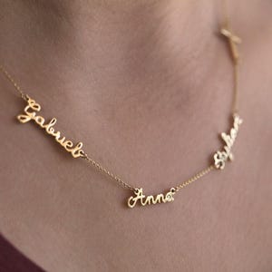 Solid Gold Name Necklace, 14k Gold Personalized Family Necklace, Name Jewelry with Sideways Cross image 1