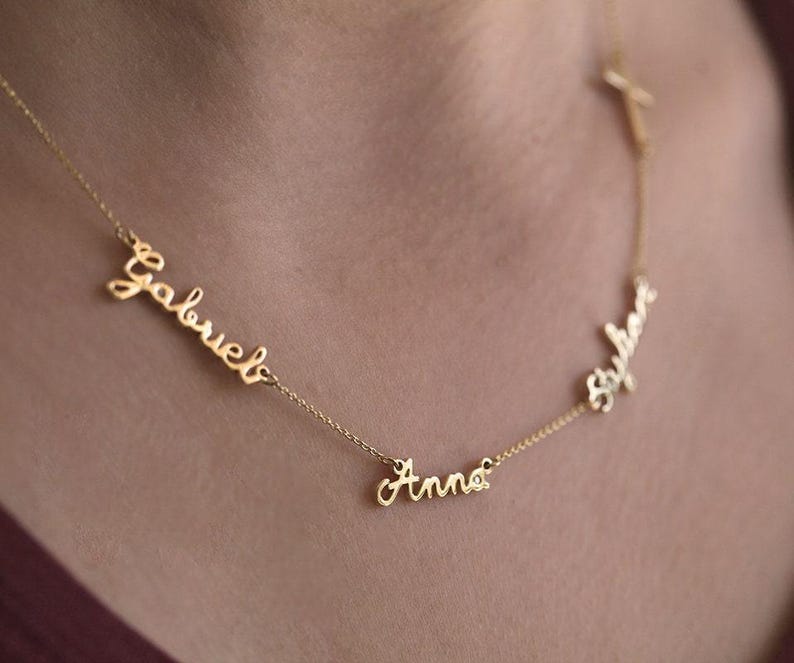 Solid Gold Name Necklace, 14k Gold Personalized Family Necklace, Name Jewelry with Sideways Cross image 1