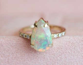 Pear Australian Opal and Diamond Ring in 14k or 18k Solid Gold, Four Prong Ring with a Half Eternity Pave Band