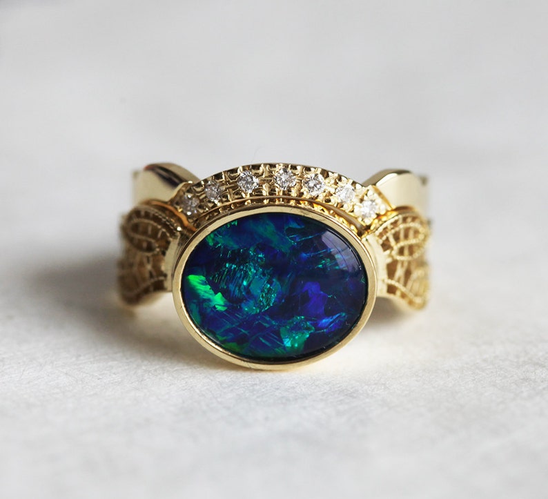 Black Opal Ring Set, Black Opal Engagement Ring, Opal Wedding Ring Set for Her, Lace Ring image 3