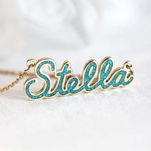 Name Necklace with Turquoise Inlay, Personalized Birthstone Word or Name Pendant in Silver, 14k or 18k Solid Gold