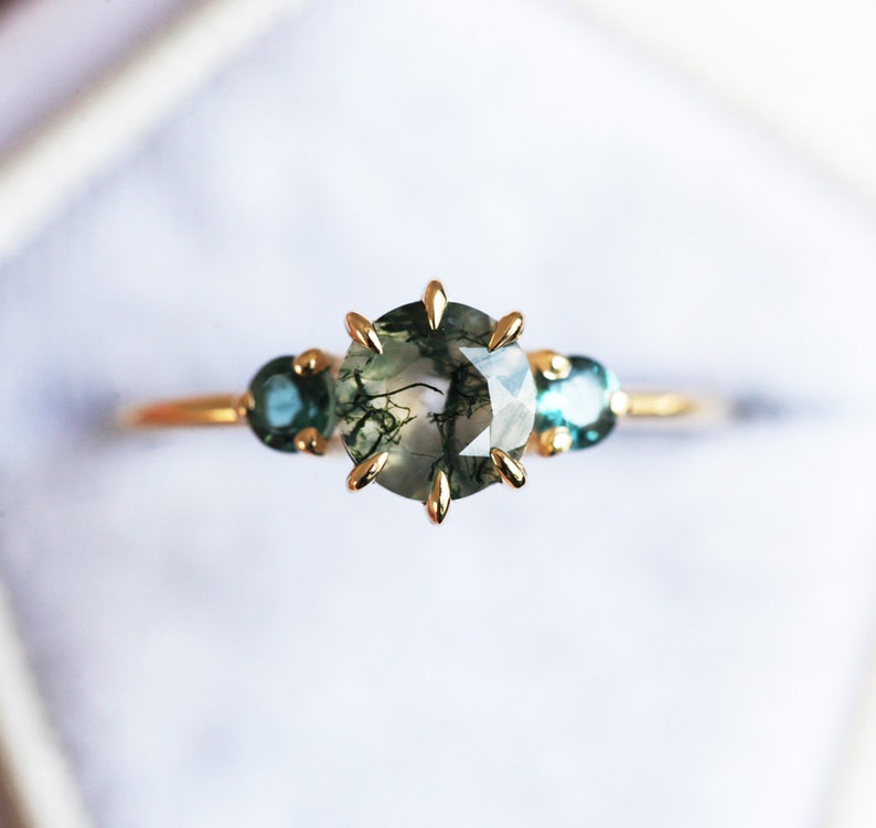 gold moss agate ring set with sating gold band image 9