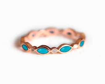 Turquoise Wedding Ring, Turquoise Diamond Band, Eternity Ring With Turquoise and Diamonds, 18k gold band