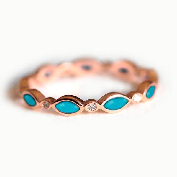 Turquoise Wedding Ring, Turquoise Diamond Band, Eternity Ring With Turquoise and Diamonds, 18k gold band