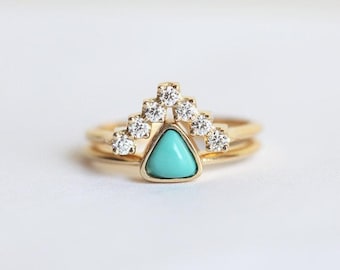Turquoise Ring, Engagement Ring, Diamond Wedding Set, Gold Trillion Ring, Unique Bridal Set, Gemstone Ring, Wedding Band, Diamond Ring