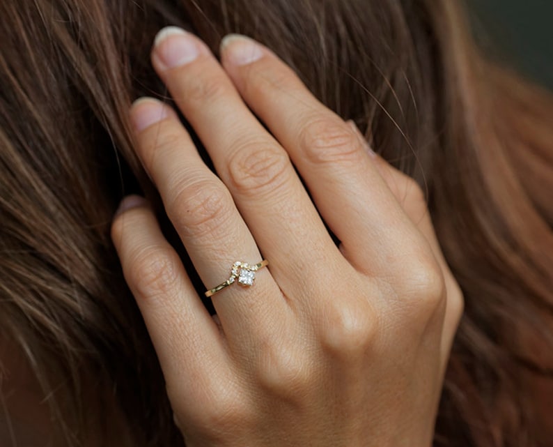 Princess Cut Engagement Ring with Pave Diamond Crown, Modern Minimalist Engagement Ring with Square Diamond image 5