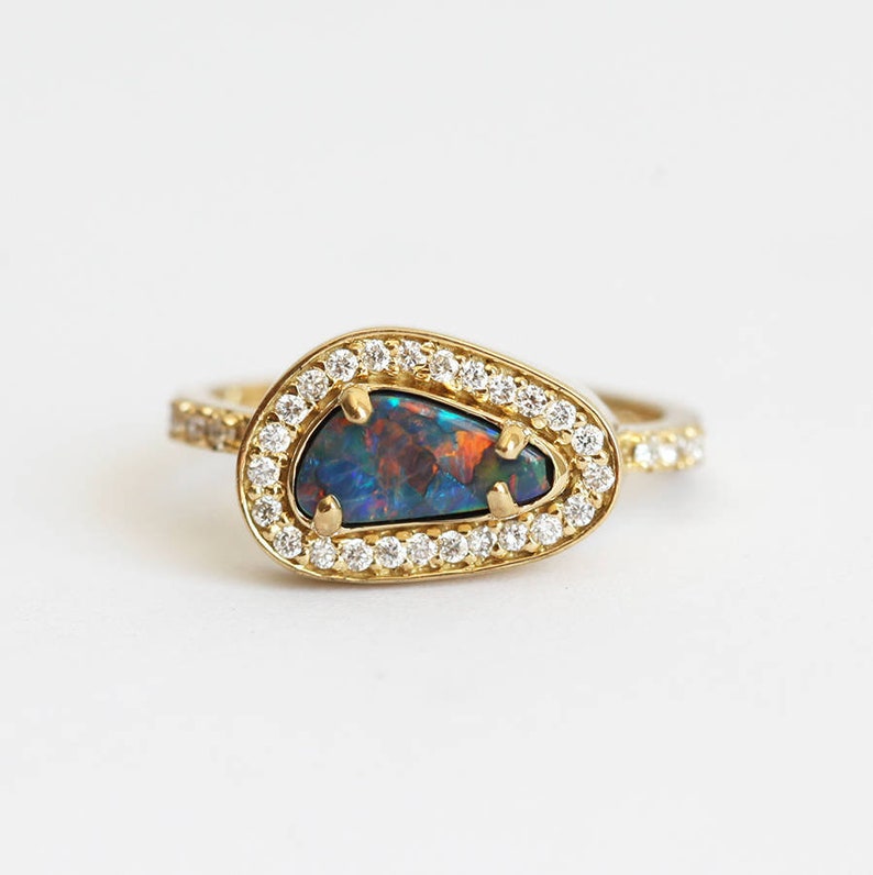Asymmetrical Australian Black Opal and Diamond Halo Ring in 18k Solid Yellow Gold, One of a Kind Ring with a Bezel Setting image 1