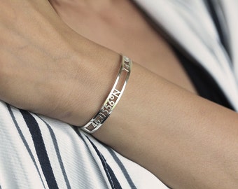 Coordinate Bracelet Jewelry, Custom Name Silver Bangle Bracelet, Personalized Sterling Silver Name Bracelet, Coordinate Gold Bracelet