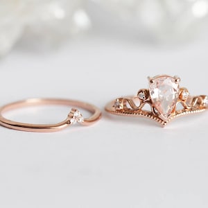 Morganite Ring, Vintage Morganite Ring, Tiara Ring, Pear Morganite Ring, Rose Gold Engagement Ring Set, Engagement Set, Wedding Ring Set image 7