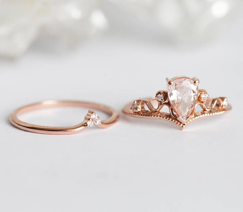 Morganite Ring, Vintage Morganite Ring, Tiara Ring, Pear Morganite Ring, Rose Gold Engagement Ring Set, Engagement Set, Wedding Ring Set image 7