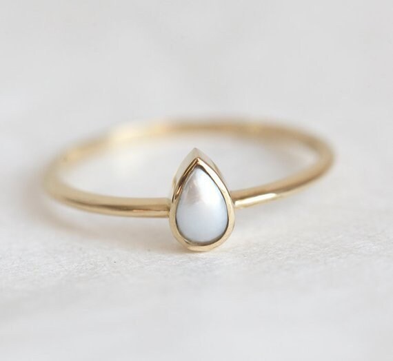 Pearl Engagement Solitaire Pear Shaped Ring in 14k or 18k Solid