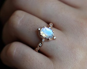 Vintage Oval Moonstone Ring: Diamond Accent, 14k/18k Gold