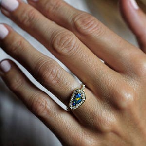 Asymmetrical Australian Black Opal and Diamond Halo Ring in 18k Solid Yellow Gold, One of a Kind Ring with a Bezel Setting image 3