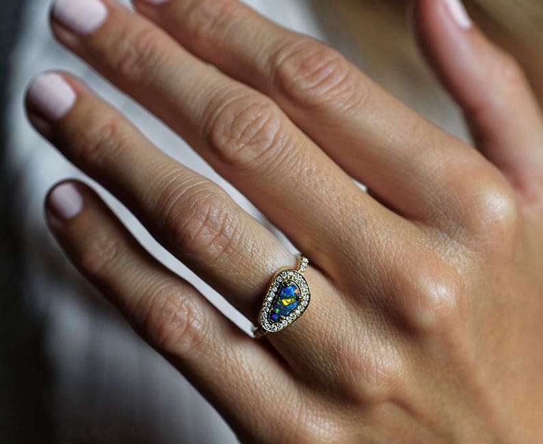 Asymmetrical Australian Black Opal and Diamond Halo Ring in 18k Solid Yellow Gold, One of a Kind Ring with a Bezel Setting image 3