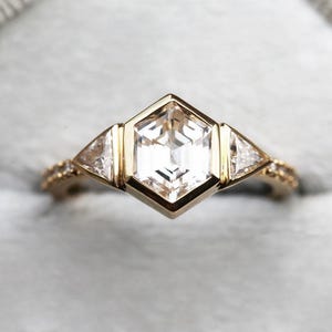 Hexagon Sapphire Ring, Unique Sapphire Engagement Ring, Trillion Diamond Ring, Artdeco Diamond Engagement Ring, Hexagonal Engagement Ring
