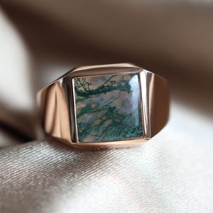 Moss agate ring mens signet moss agate band rose gold