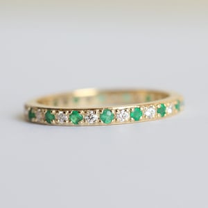 Diamond and Emerald Wedding Ring, Emerald Wedding Band, Pave Diamond Ring, Gold Emerald Ring, 18k Yellow Gold Wedding Ring image 4