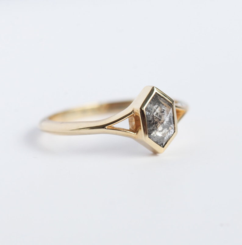 Hexagon Salt and pepper diamond engagement ring, 14k gold hexagon diamond ring, Split shank Diamond ring, Salt Pepper Geometric Diamond image 10