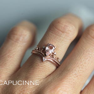 Morganite Ring, Vintage Morganite Ring, Tiara Ring, Pear Morganite Ring, Rose Gold Engagement Ring Set, Engagement Set, Wedding Ring Set image 6