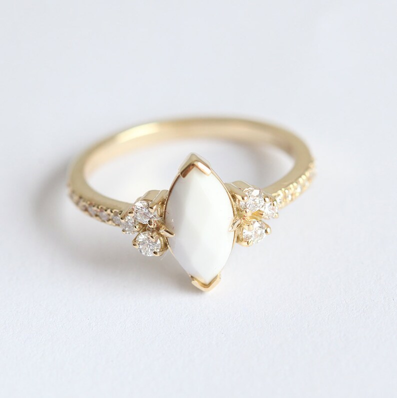 Agate Ring, Diamond Ring, 14k Gold Ring, Engagement Ring, Wedding Ring, Marquise Ring, White Ring, Gemstone Ring, Capucinne image 2