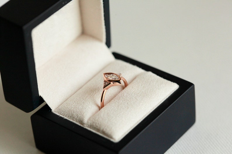 Rose Gold Diamond Engagement Ring, Three Stone Engagement Ring, Marquise Diamond Ring, 18k Solid Gold image 6