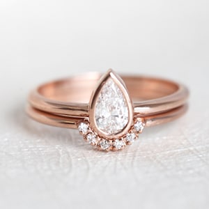 Pear Diamond Ring Set: 14k Rose Gold Solitaire Bridal Set