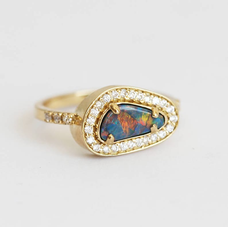 Asymmetrical Australian Black Opal and Diamond Halo Ring in 18k Solid Yellow Gold, One of a Kind Ring with a Bezel Setting image 9