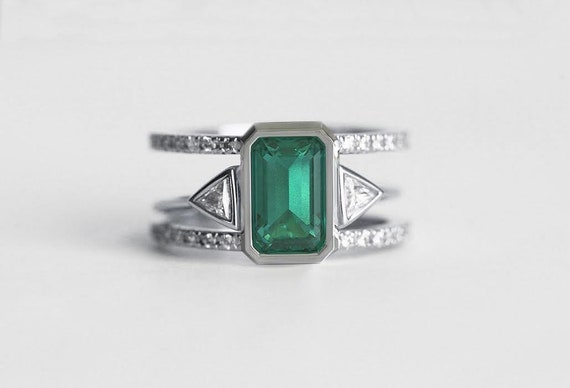 Set of Emerald and Diamond Double Band Ring and Open Trillion - Etsy