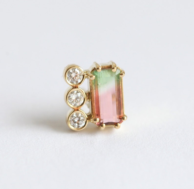 Watermelon tourmaline earrings, Diamond stud, Green & pink earring, Unique baguette studs image 2