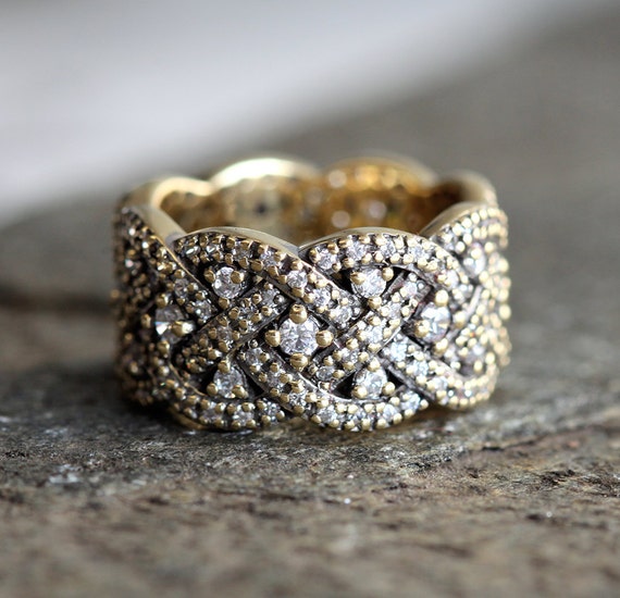 Wide Band Diamond Lace Ring 14K Yellow & White Gold