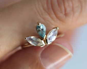 Flower Wedding Ring, Tulip Ring, Floral Wedding Band, Moonstone Flower Ring, Aquamarine Flower Ring