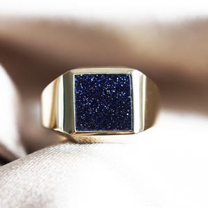 Goldstone signet ring yellow gold mens