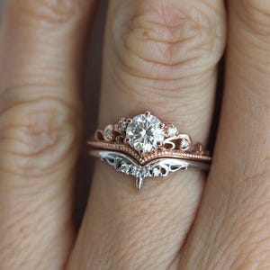 Moissanite Enagement Ring Set with Diamonds, 14k or 18k Solid Gold