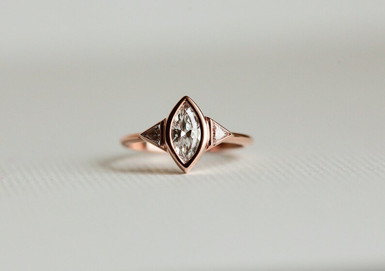 Rose Gold Diamond Engagement Ring, Three Stone Engagement Ring, Marquise Diamond Ring, 18k Solid Gold image 5